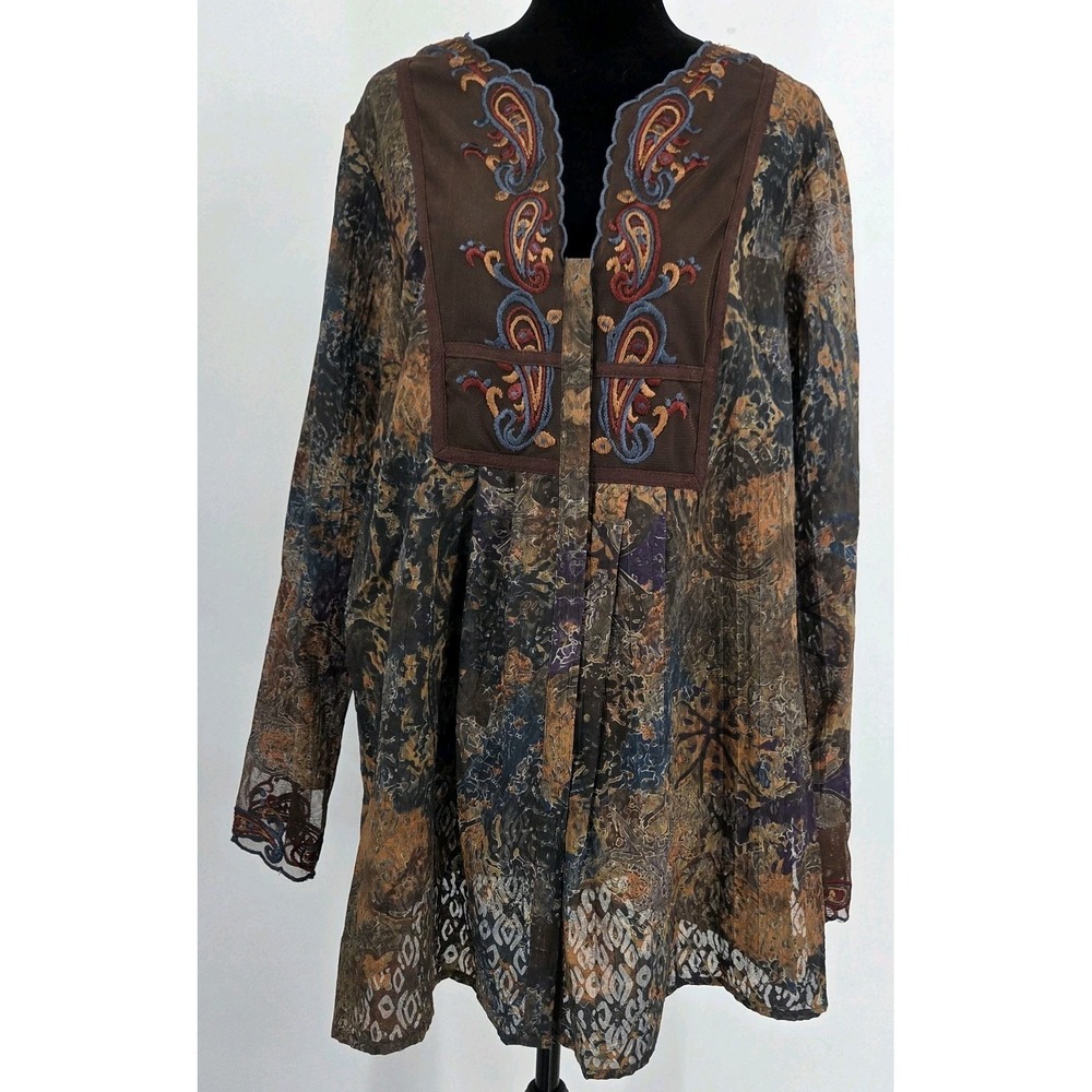 Vtg Coldwater Creek Paisley Embroidered Tunic Top M Artsy Earthy Button Front